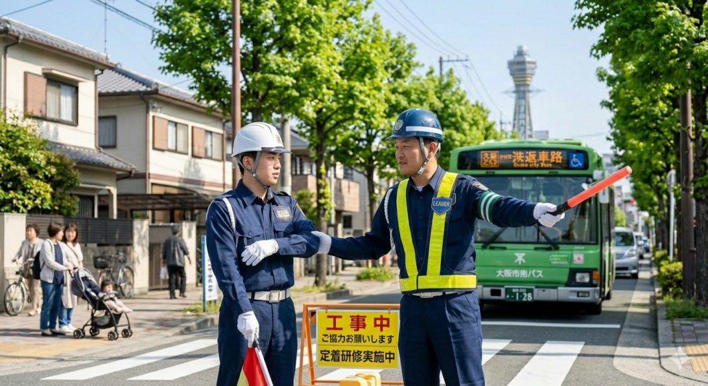 大阪の静かな住宅街で、新緑が美しい5月の朝に撮影されたドキュメンタリー調のカットです。メインの中堅警備員（男性、30代後半）と新人警備員（男性、20代前半）は、安全のためにヘルメットを装着しています。中堅警備員は、自信に満ちた動きで、大阪市営バスや車に誘導灯を向けています。その左側では、新人警備員が、先輩の動作を真剣に見つめています。中堅警備員が、新人警備員の肘を軽く支え、旗の持ち方や立ち位置を調整している、現場でのOJT（実地訓練）の瞬間を捉えました。背景には「工事中 ご協力お願いします」と「定着研修実施中」の看板があり、記事のテーマである中堅警備員の指導と新人の定着が直感的に伝わる構成です。自然な光と、プロフェッショナルな警備員の真剣な姿勢を捉えた一枚