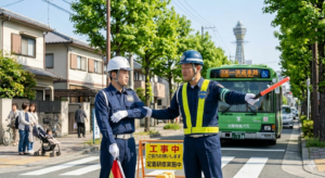 大阪の静かな住宅街で、新緑が美しい5月の朝に撮影されたドキュメンタリー調のカットです。メインの中堅警備員（男性、30代後半）と新人警備員（男性、20代前半）は、安全のためにヘルメットを装着しています。中堅警備員は、自信に満ちた動きで、大阪市営バスや車に誘導灯を向けています。その左側では、新人警備員が、先輩の動作を真剣に見つめています。中堅警備員が、新人警備員の肘を軽く支え、旗の持ち方や立ち位置を調整している、現場でのOJT（実地訓練）の瞬間を捉えました。背景には「工事中 ご協力お願いします」と「定着研修実施中」の看板があり、記事のテーマである中堅警備員の指導と新人の定着が直感的に伝わる構成です。自然な光と、プロフェッショナルな警備員の真剣な姿勢を捉えた一枚