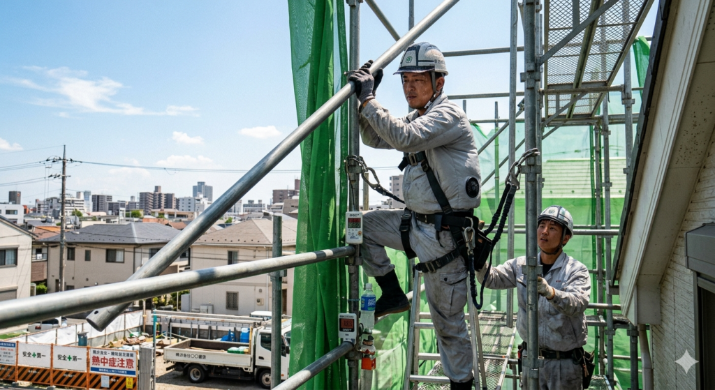 灼熱の7月の太陽の下、空調服を着用し、ヘルメットから汗を流しながらも、真剣な眼差しで鉄パイプを組み立てる足場鳶の職人。背景には、夏の強い日差しに照らされたメッシュシートと、青い空が広がる。職人の手元には、スポーツドリンクのボトルと、WBGT測定器が置かれ、暑さと戦いながらも安全を最優先している様子が伝わる実写画像。